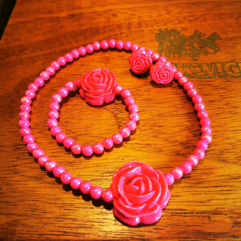 Vintage Small Child Size Bright Pink Resin Rose and Iridescent Bead Jewelry Set